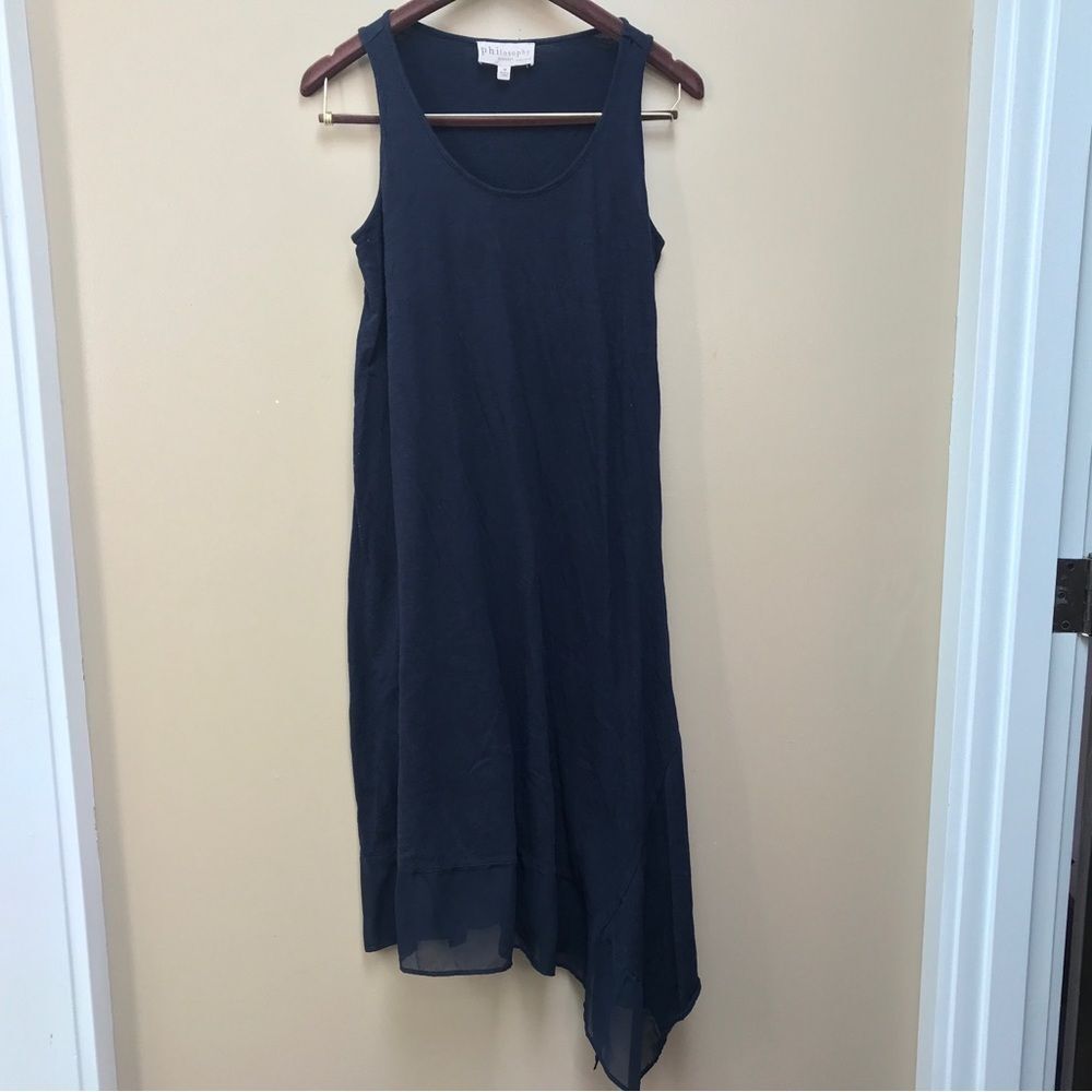 Philosophy Sleeveless Midi Dress Asymmetrical Sheer Hem Navy Blue (M) - Picture 2 of 12